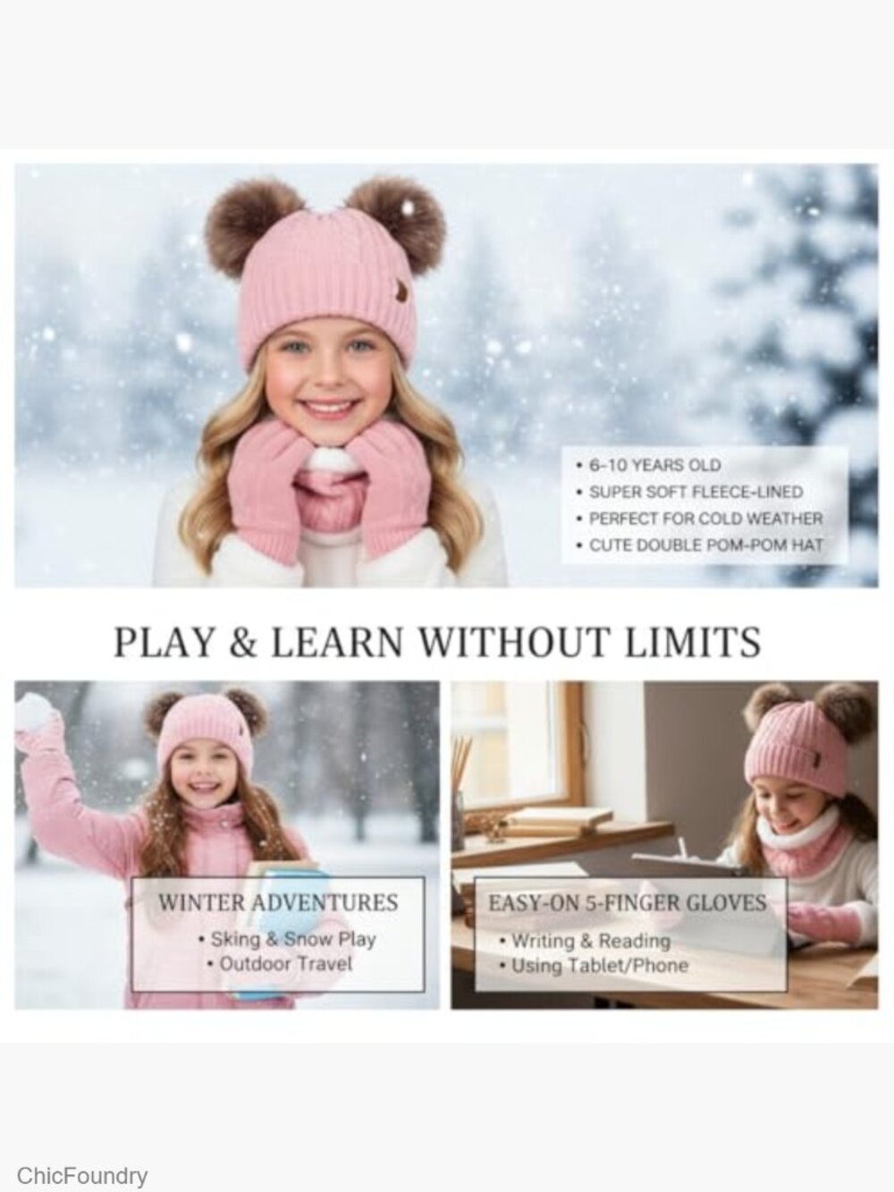 Kids Winter Hat Gloves Scarf Set Knit Beanie Pompom Thermal Fleece Lined 3pc - Picture 2 of 7
